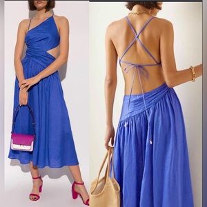 NWT Zimmermann Tropicana Asymmetric Open Back Linen Midi Dress Size XL /4 Blue